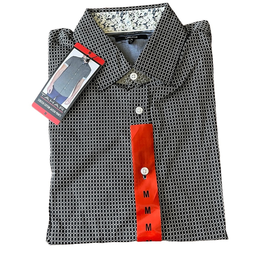 NWT Mens Tahari Black Hex Short Sleeved Cuffed Casual Button Down Shirt Size M